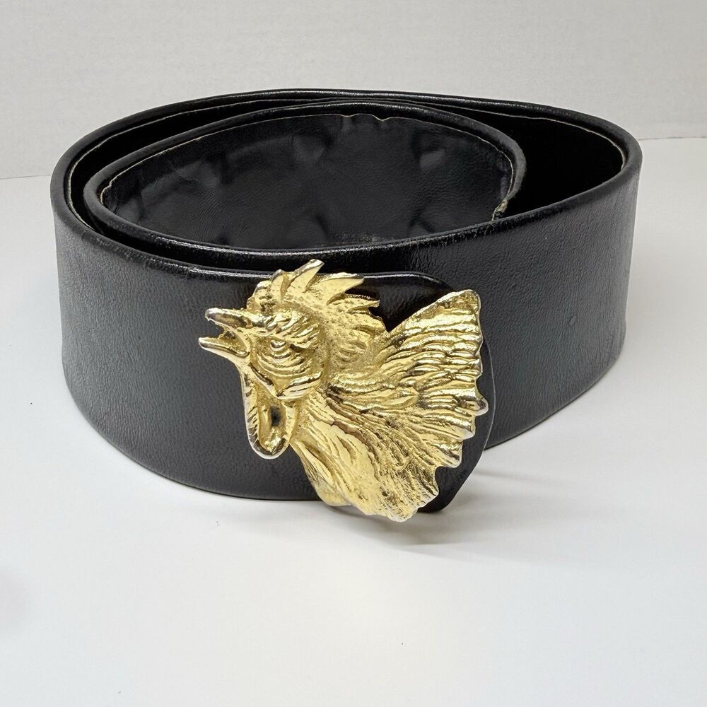 Vintage Hand Made In Italy Gold Metal Rooster Head Buckle On Black Leather Belt